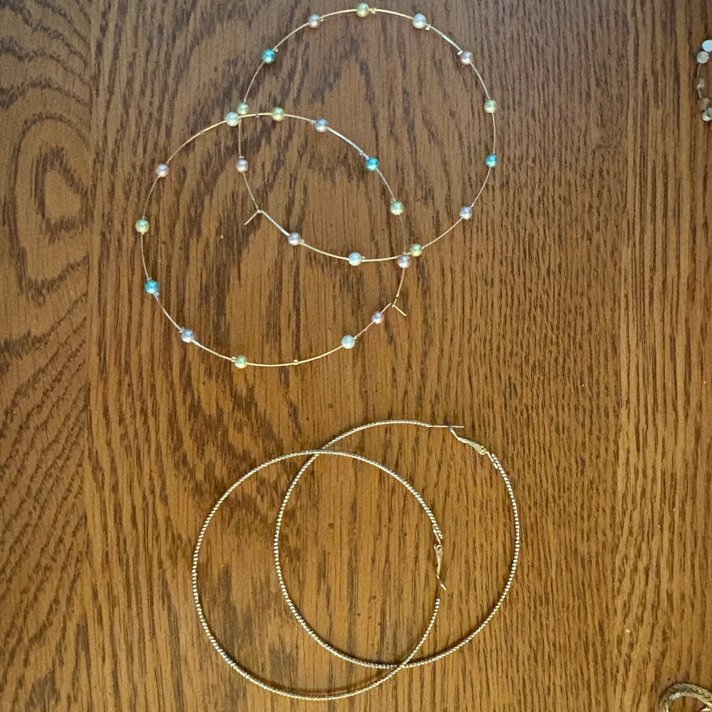 Set of 2 Gold Minimalist Hoop Earrings and pastel beaded hoops Jewelry